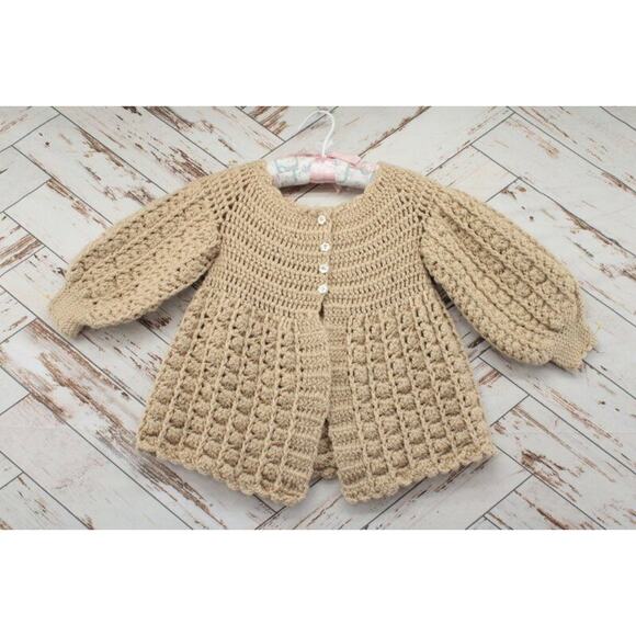 Hand Knitted Child Baby Sweater Beige 4/5T ? Balloon Sleeves Chunky Knit